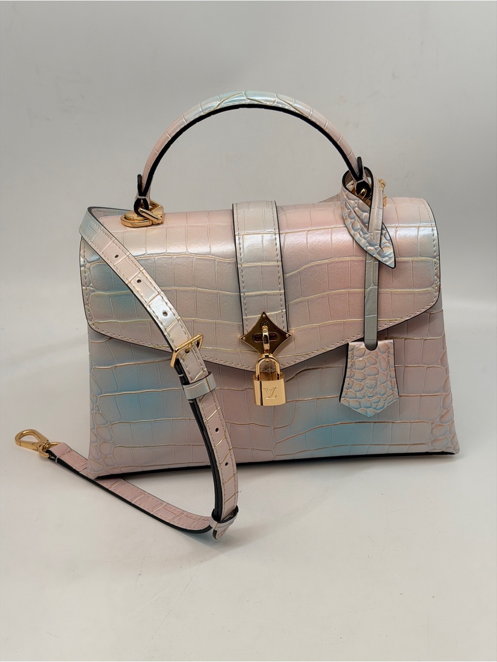 Luxury Iridescent Croc-Embossed Leather Top-Handle Satchel - Pastel Pink & Blue